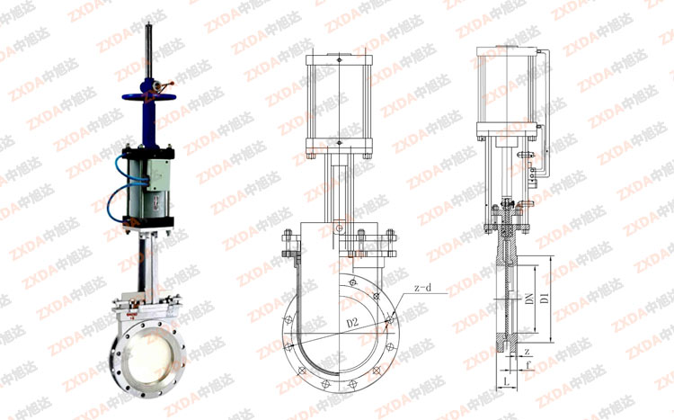 氣動(dòng)帶手動(dòng)法蘭刀閘閥結(jié)構(gòu)圖 氣動(dòng)帶手動(dòng)法蘭刀閘閥結(jié)構(gòu)圖